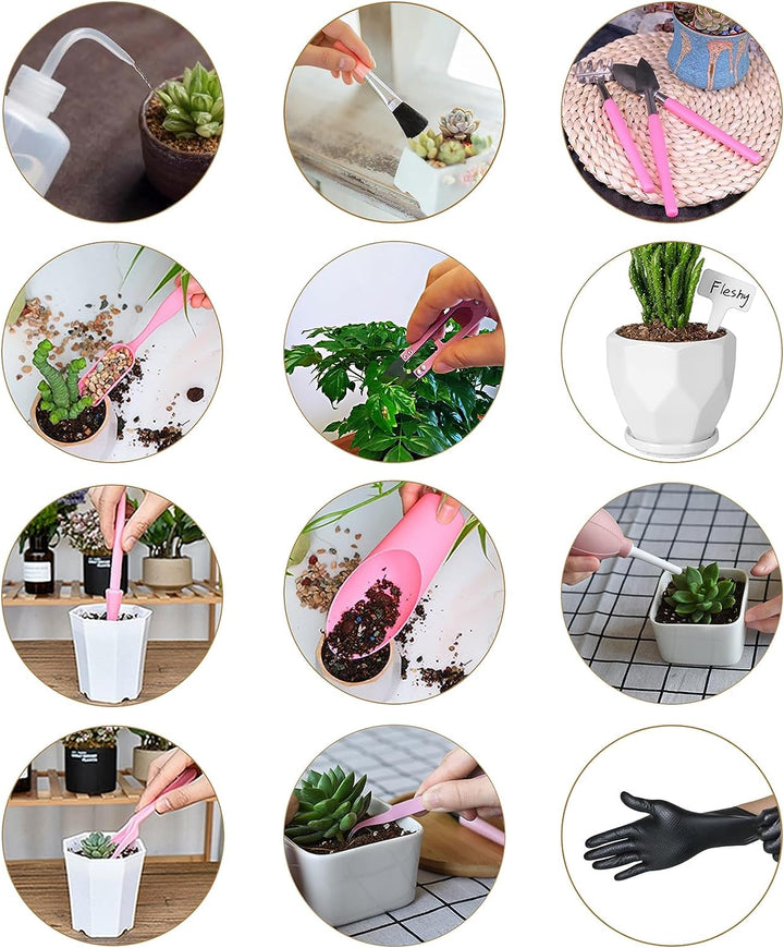 25Pcs Mini Garden Hand Transplanting Succulent Tools Set, 39.4" Thickened Repotting Mat & Plant Tag, Miniature Planting Indoor Fairy Care, Potting, Cactus, Houseplant Bonsai Tool Kit (Pink)