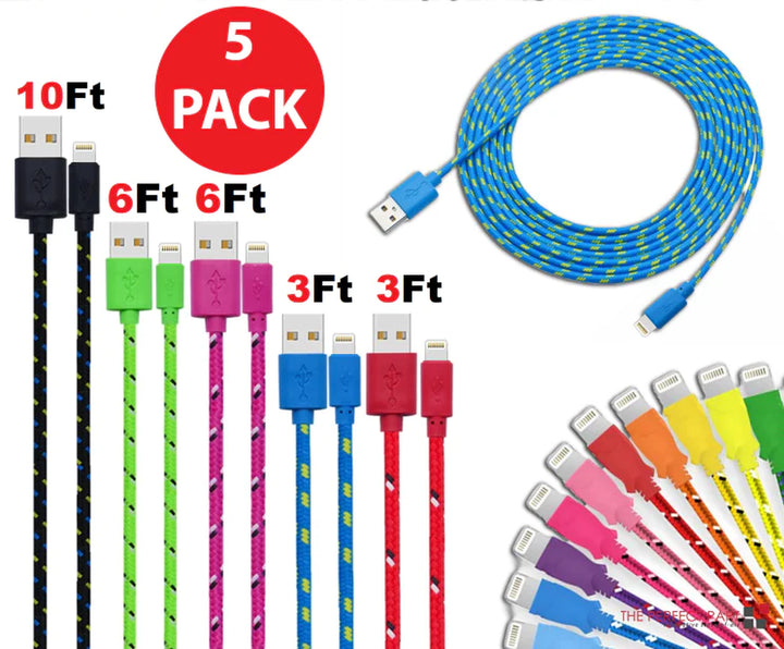 Charging Data Cable 5 Pack 3/6/10Ft Charger Nylon Braided for Apple Iphone Ipad