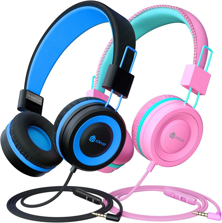 [2 Pack Kids Headphones with Microphone, Safe Volume Limited 85Db/94Db - Wired Headphones for Kids Boys Girls, Foldable Headphones for Online School/Travel/Ipad, Black&Pink