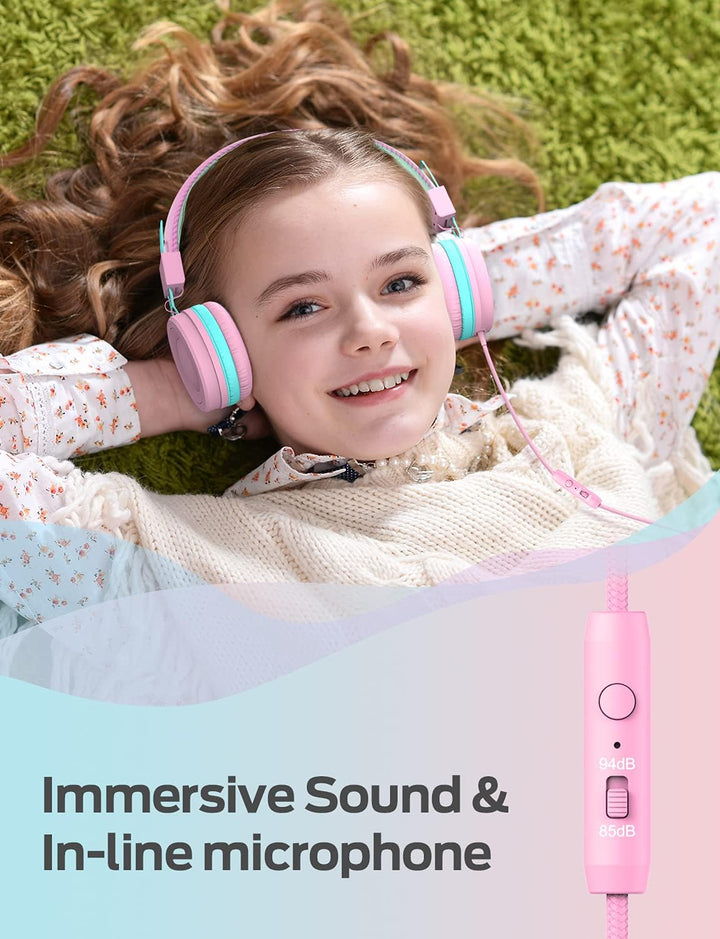 [2 Pack Kids Headphones with Microphone, Safe Volume Limited 85Db/94Db - Wired Headphones for Kids Boys Girls, Foldable Headphones for Online School/Travel/Ipad, Black&Pink